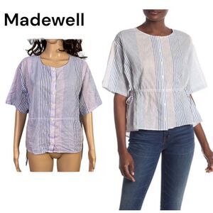 Madewell Atlantic Striped Drawstring Waist Short Sleeve Button Front Top Blue M